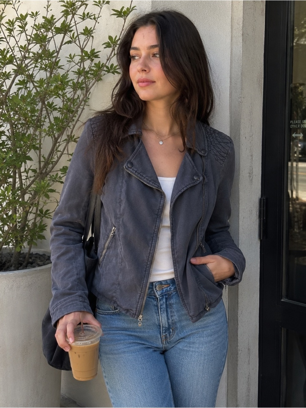 Anthropologie Level 99 Danica Moto Jacket Washed Blue Linen Blend Medium